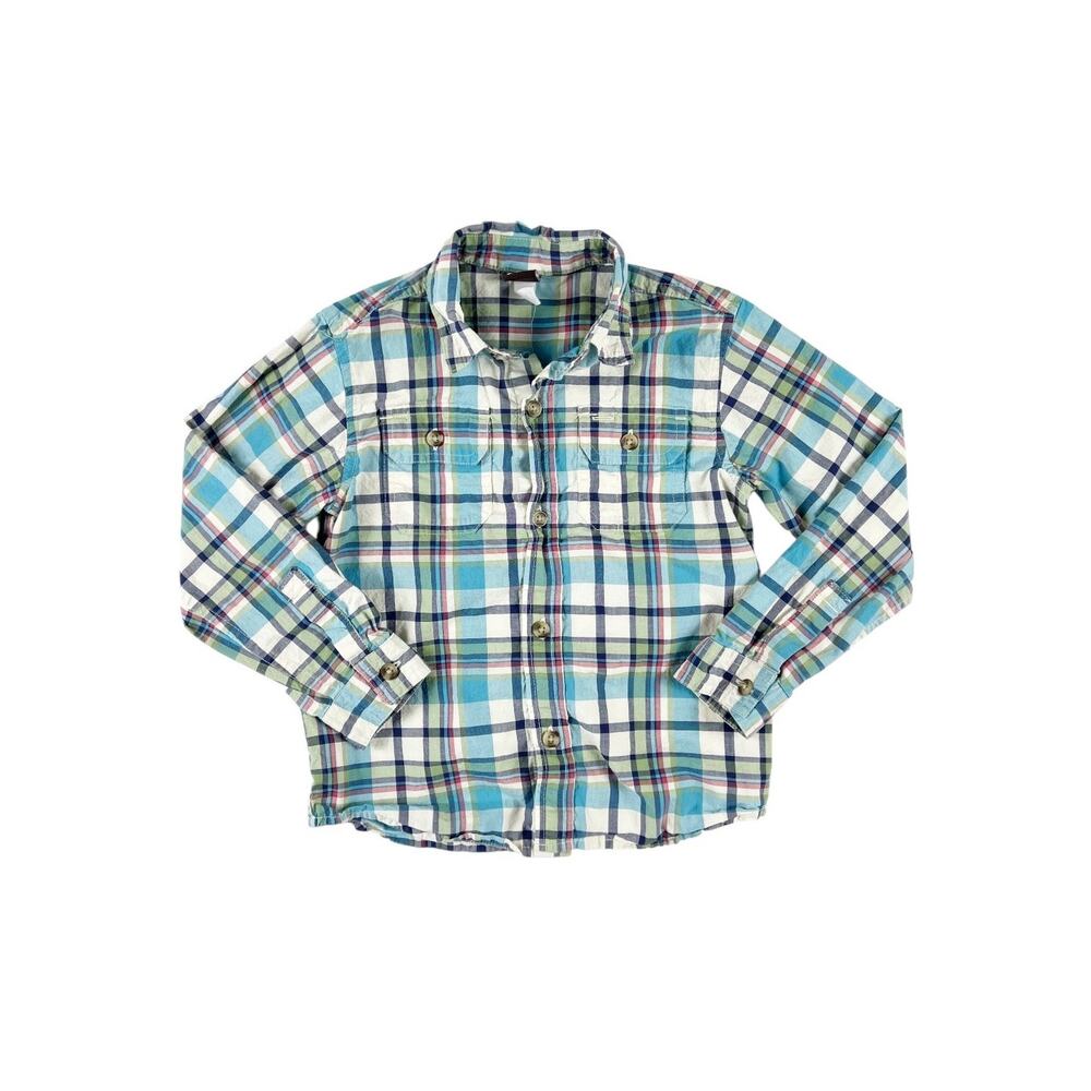 Tea Collection Plaid Button Up Shirt Blue Green Size 4